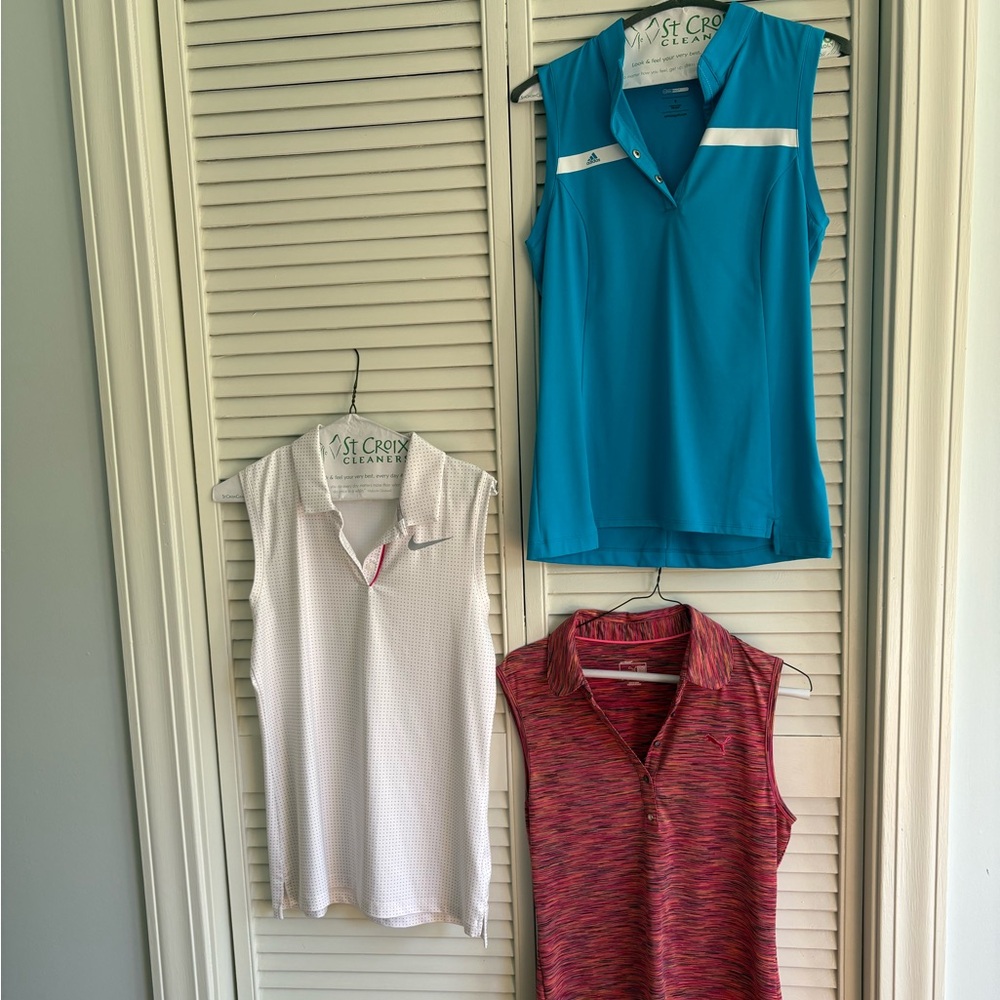 Set of three golf shirts. Puma. Adidas, Nike